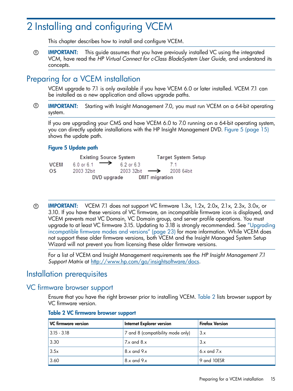 2 installing and configuring vcem, Preparing for a vcem installation, Installation prerequisites | Vc firmware browser support | HP Insight Management-Software User Manual | Page 15 / 147