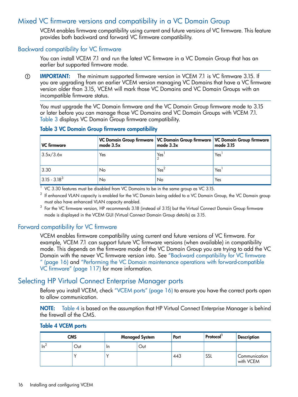 Backward compatibility for vc firmware, Forward compatibility for vc firmware | HP Insight Management-Software User Manual | Page 16 / 147