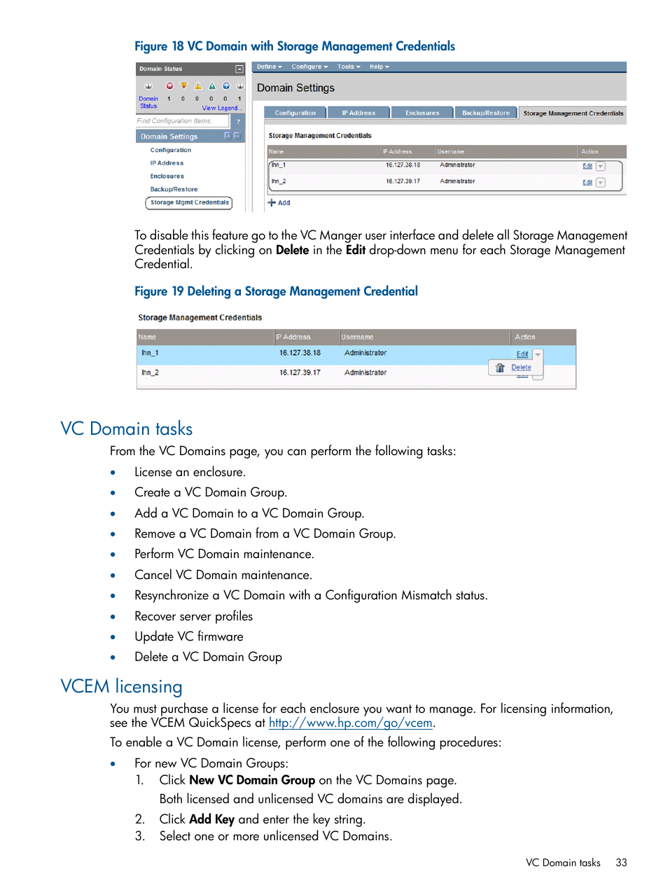 Vc domain tasks, Vcem licensing, Vc domain tasks vcem licensing | HP Insight Management-Software User Manual | Page 33 / 147