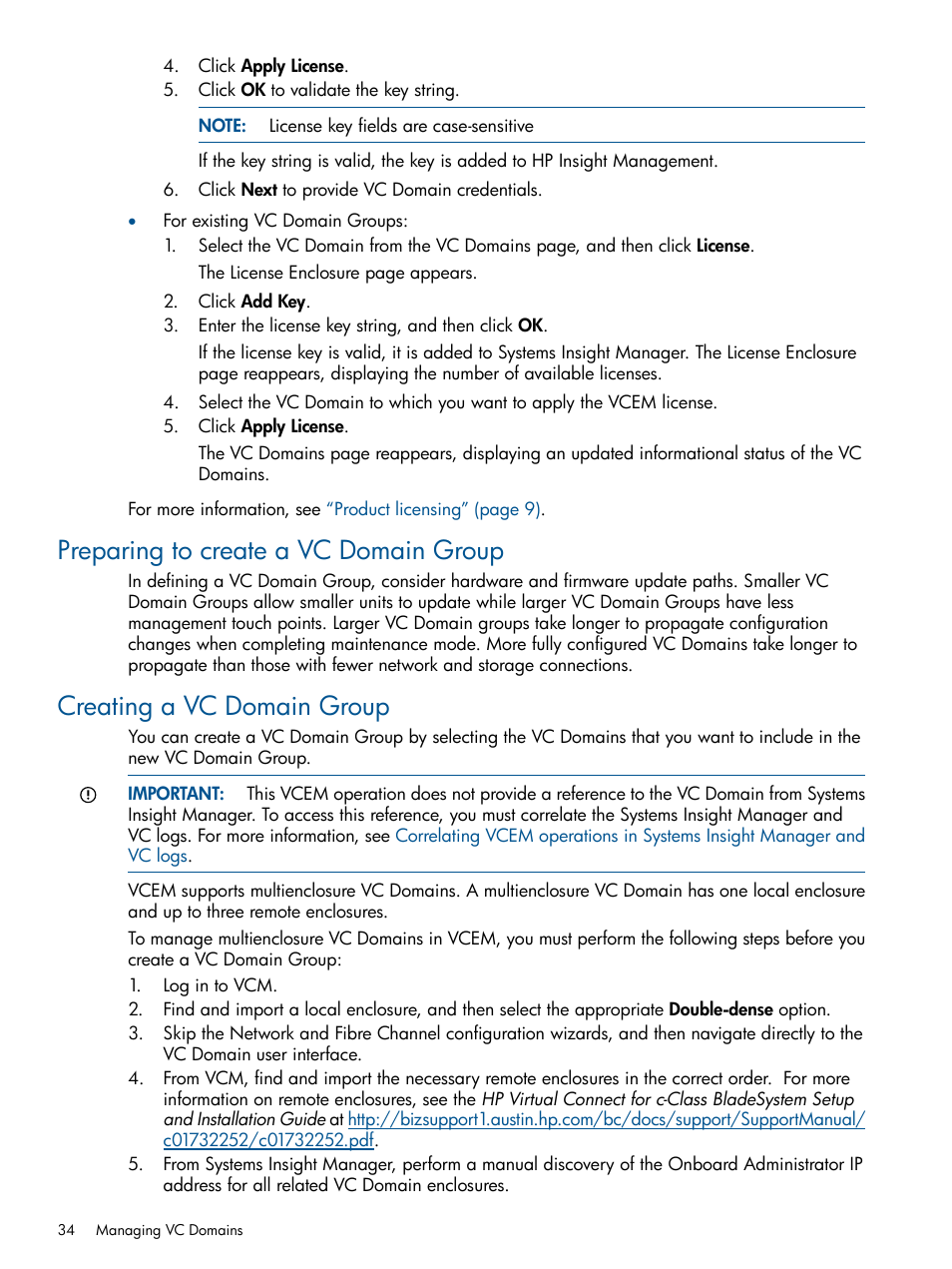 Preparing to create a vc domain group, Creating a vc domain group, Creating a vc domain | HP Insight Management-Software User Manual | Page 34 / 147