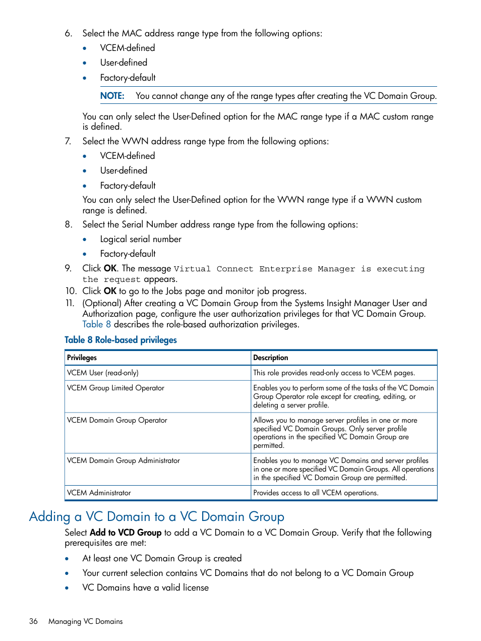 Adding a vc domain to a vc domain group | HP Insight Management-Software User Manual | Page 36 / 147