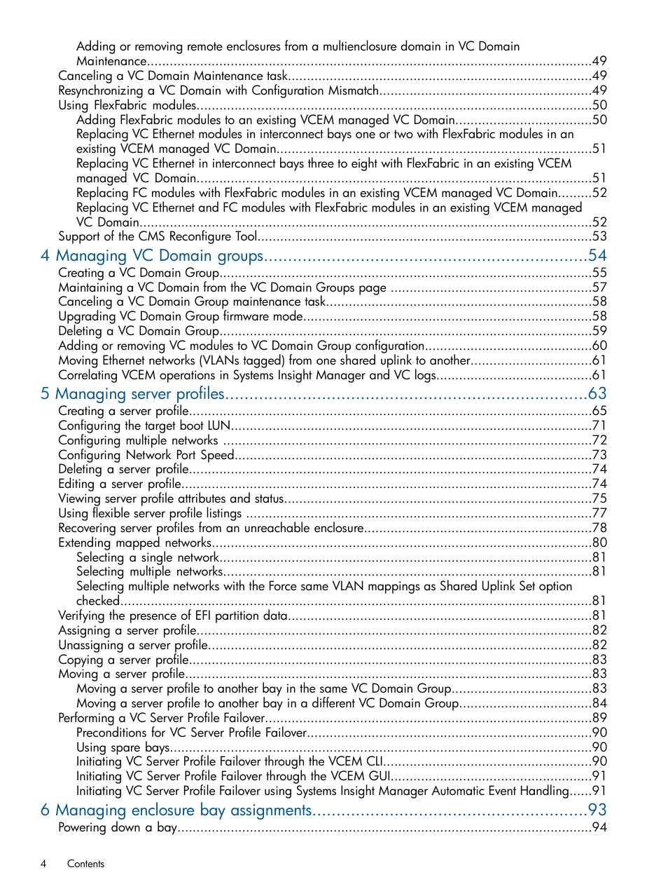 4 managing vc domain groups, 5 managing server profiles, 6 managing enclosure bay assignments | HP Insight Management-Software User Manual | Page 4 / 147