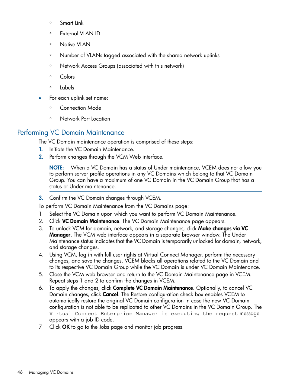 Performing vc domain maintenance | HP Insight Management-Software User Manual | Page 46 / 147