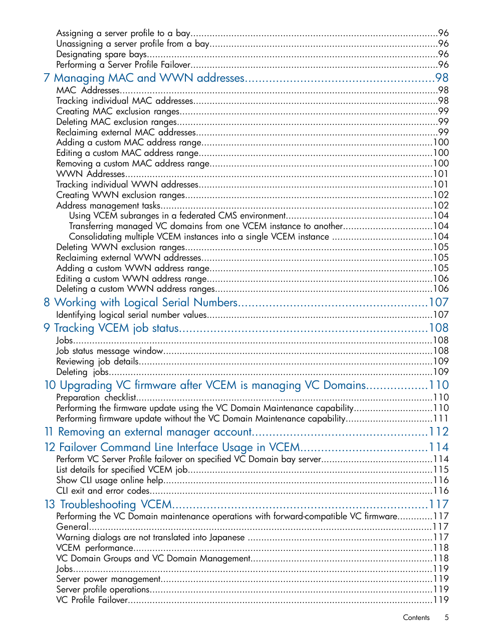 7 managing mac and wwn addresses, 8 working with logical serial numbers, 9 tracking vcem job status | 13 troubleshooting vcem | HP Insight Management-Software User Manual | Page 5 / 147