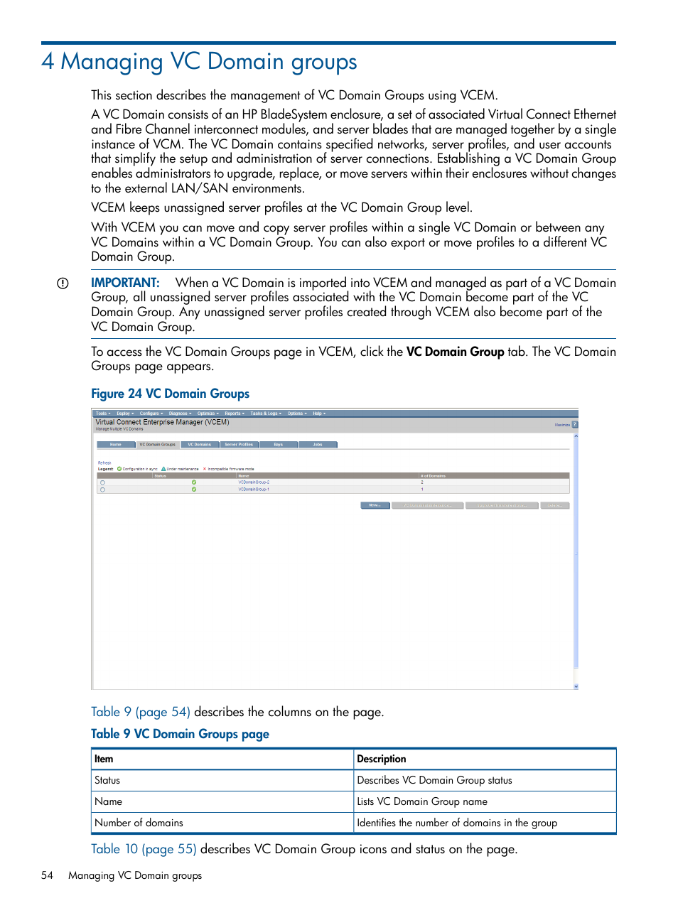 4 managing vc domain groups | HP Insight Management-Software User Manual | Page 54 / 147