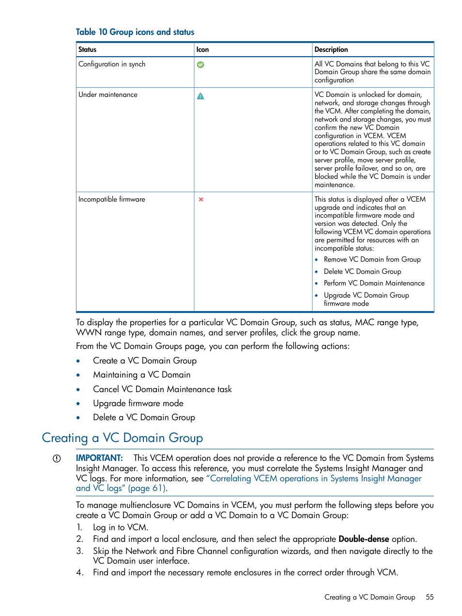 Creating a vc domain group | HP Insight Management-Software User Manual | Page 55 / 147