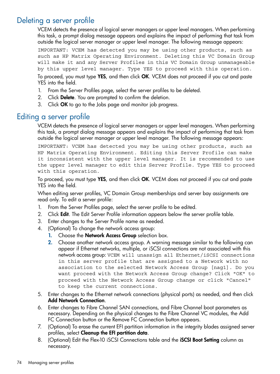 Deleting a server profile, Editing a server profile, Deleting a server profile editing a server profile | HP Insight Management-Software User Manual | Page 74 / 147