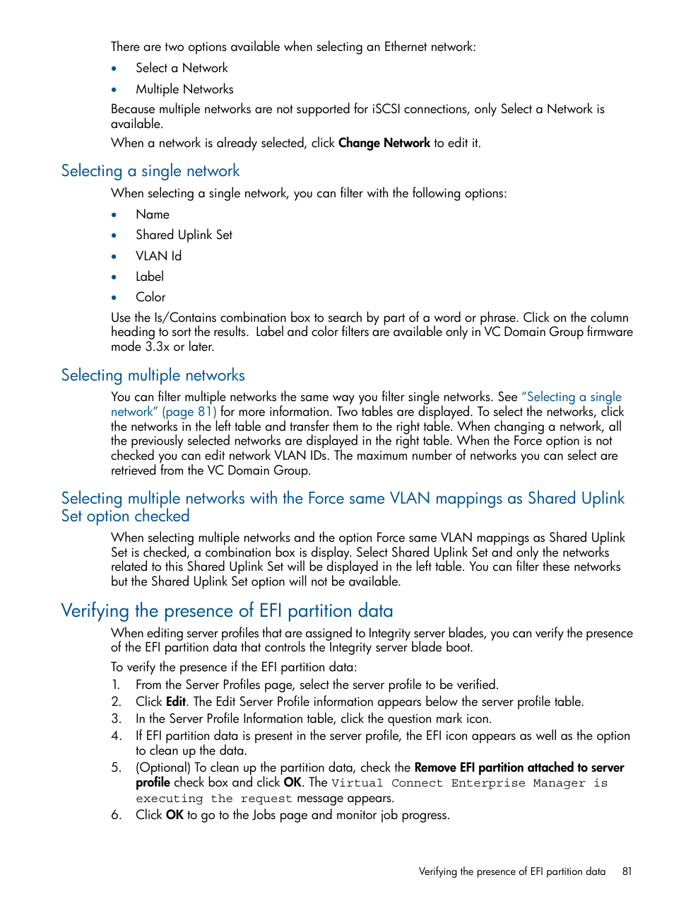 Selecting a single network, Selecting multiple networks, Verifying the presence of efi partition data | HP Insight Management-Software User Manual | Page 81 / 147