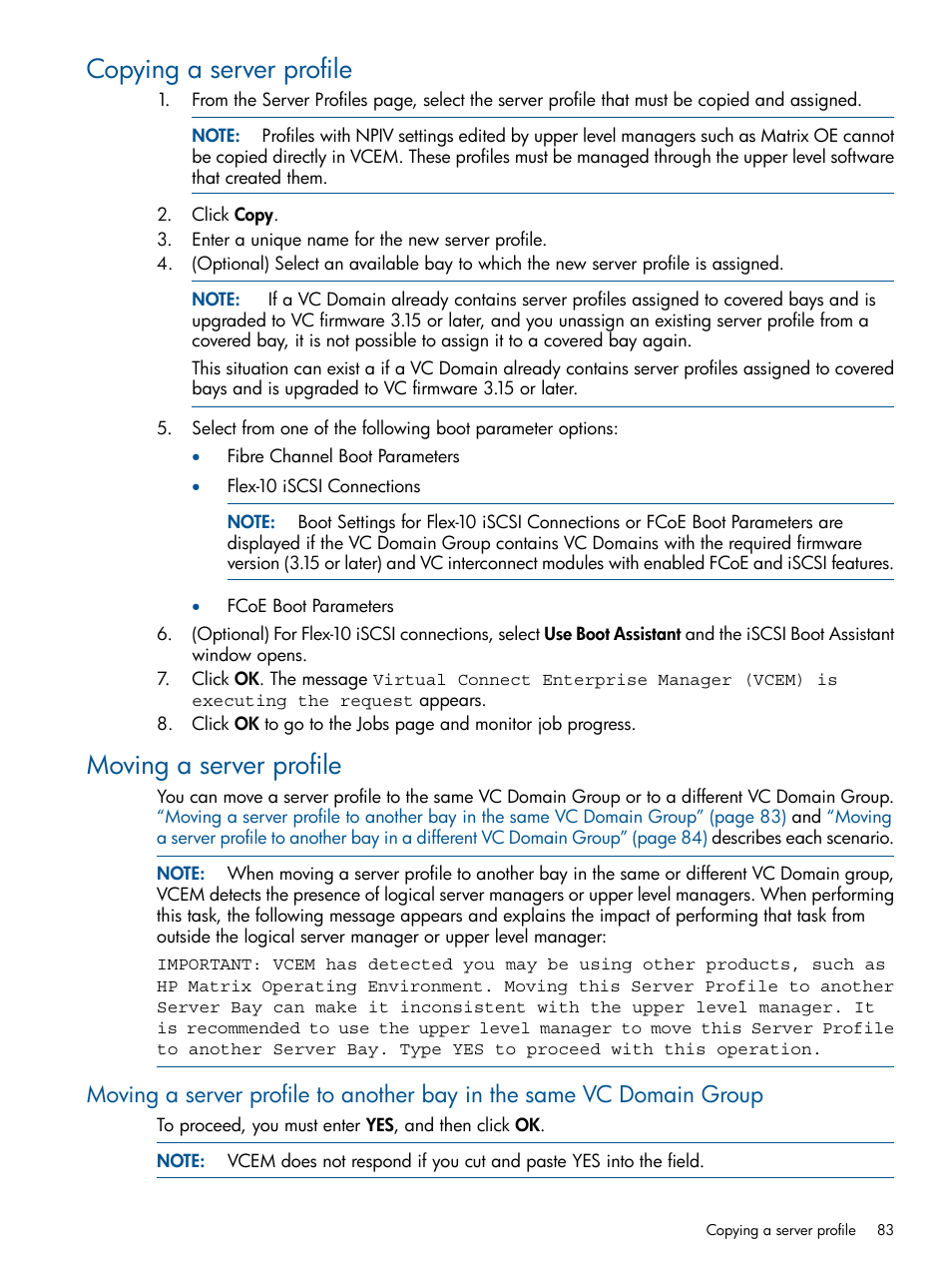 Copying a server profile, Moving a server profile, Copying a server profile moving a server profile | HP Insight Management-Software User Manual | Page 83 / 147