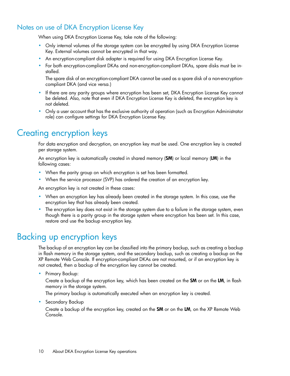 Notes on use of dka encryption license key, Creating encryption keys, Backing up encryption keys | 10 backing up encryption keys | HP XP20000XP24000 Disk Array User Manual | Page 10 / 28