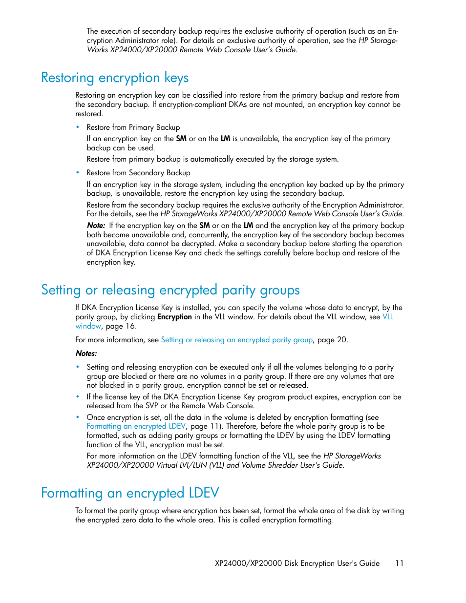 Restoring encryption keys, Setting or releasing encrypted parity groups, Formatting an encrypted ldev | 11 setting or releasing encrypted parity groups, 11 formatting an encrypted ldev | HP XP20000XP24000 Disk Array User Manual | Page 11 / 28