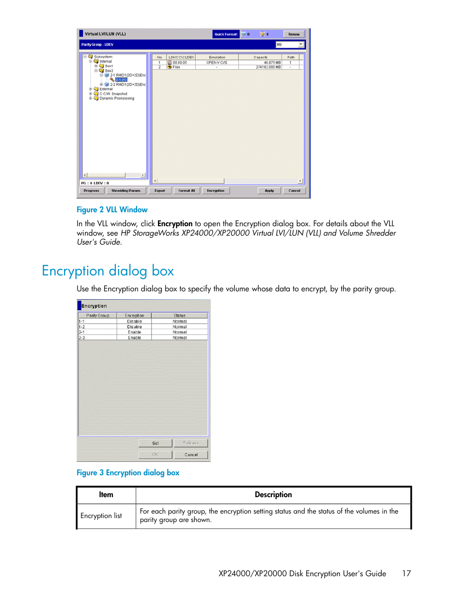 Encryption dialog box, Vll window | HP XP20000XP24000 Disk Array User Manual | Page 17 / 28