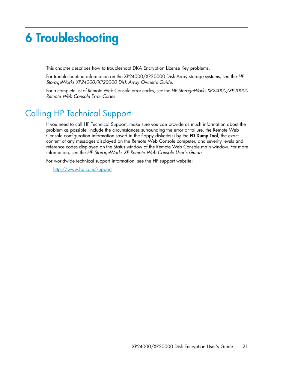 6 troubleshooting, Calling hp technical support | HP XP20000XP24000 Disk Array User Manual | Page 21 / 28