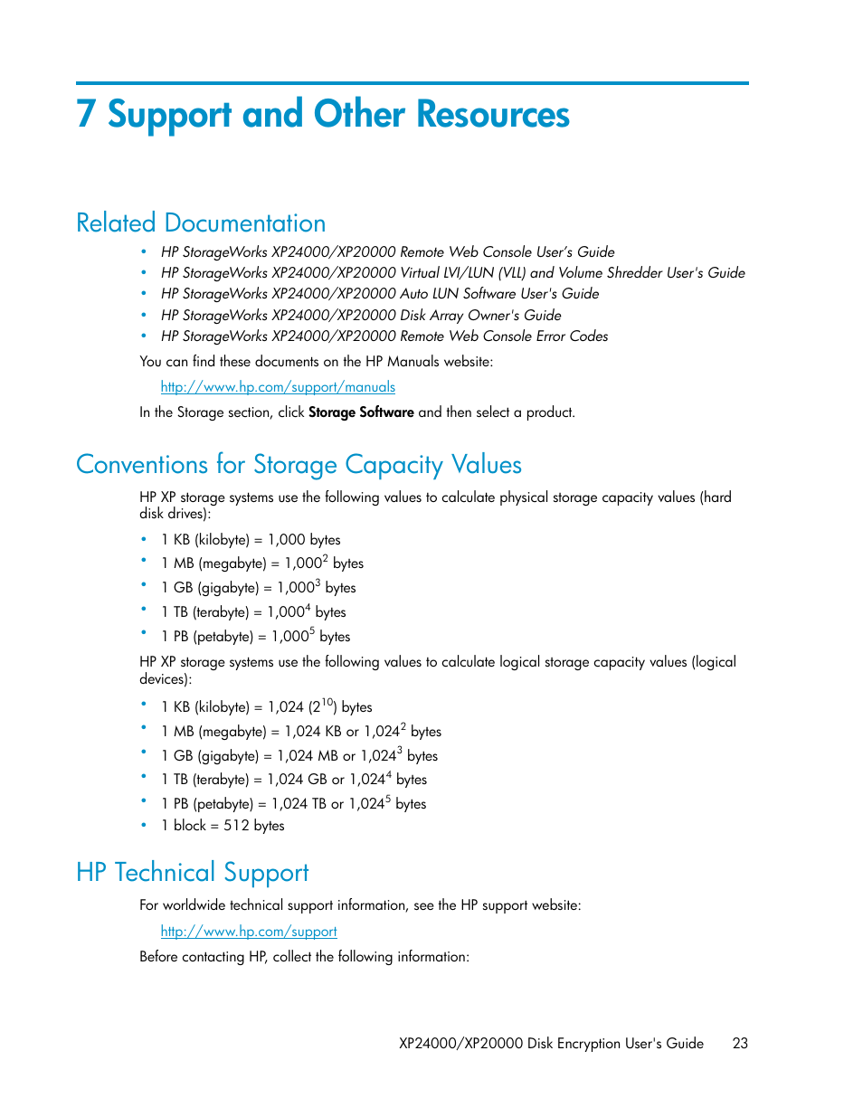 7 support and other resources, Related documentation, Conventions for storage capacity values | Hp technical support, 23 conventions for storage capacity values, 23 hp technical support | HP XP20000XP24000 Disk Array User Manual | Page 23 / 28