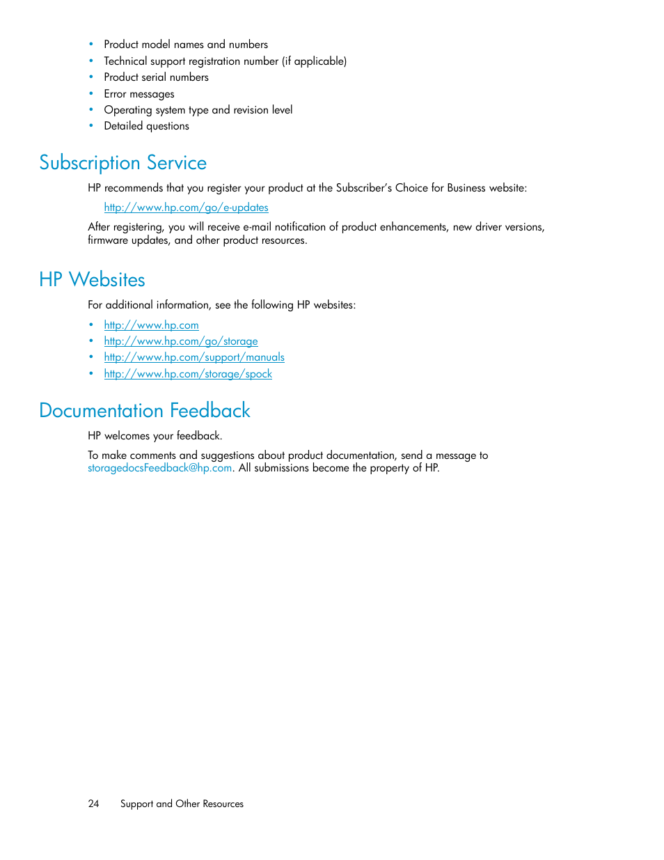 Subscription service, Hp websites, Documentation feedback | 24 hp websites, 24 documentation feedback | HP XP20000XP24000 Disk Array User Manual | Page 24 / 28