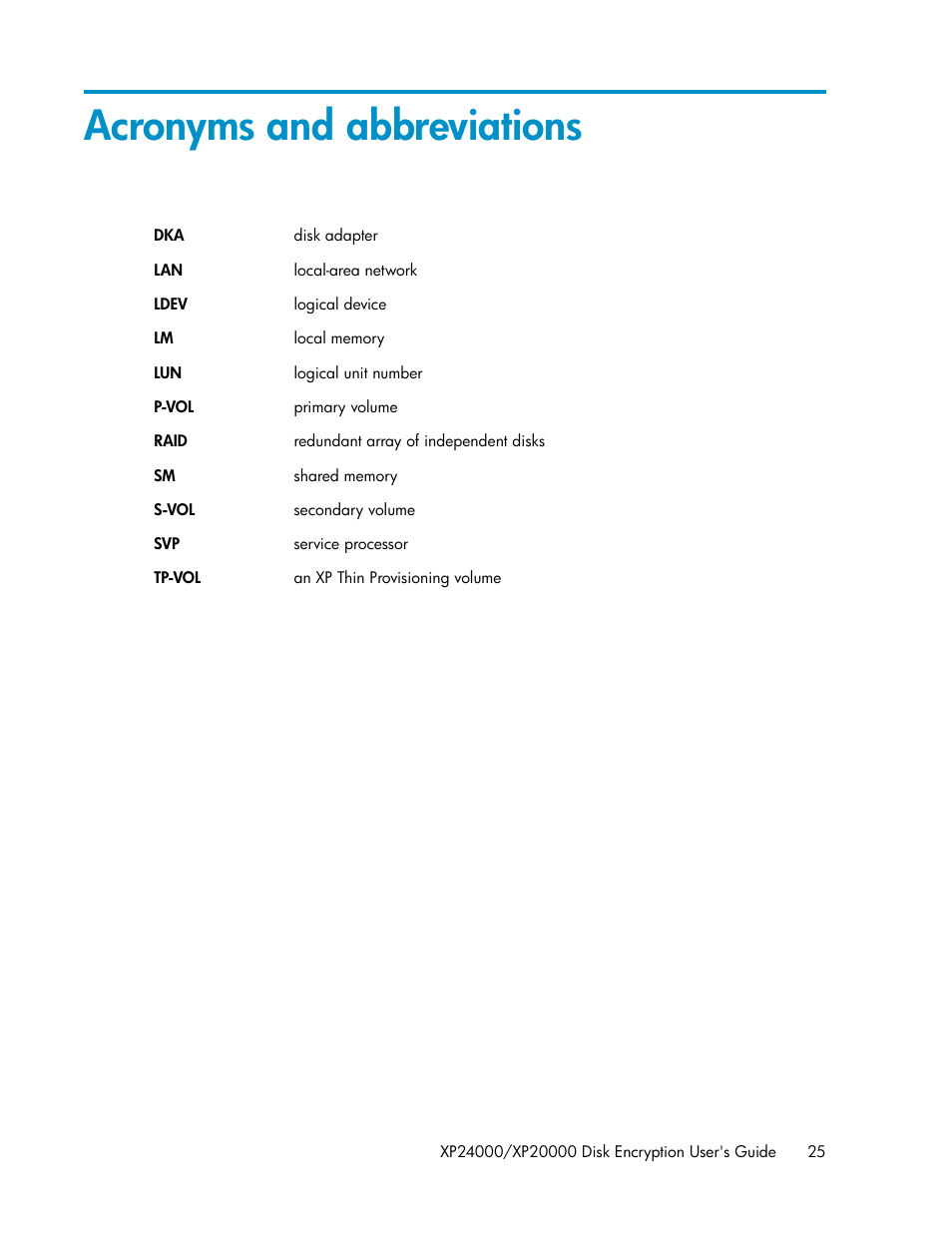 Acronyms and abbreviations | HP XP20000XP24000 Disk Array User Manual | Page 25 / 28