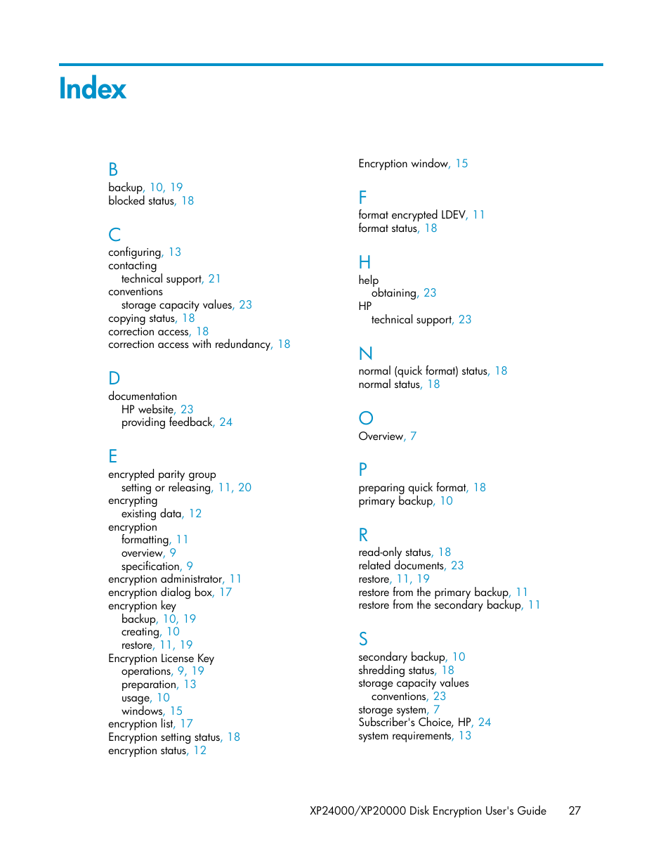 Index | HP XP20000XP24000 Disk Array User Manual | Page 27 / 28