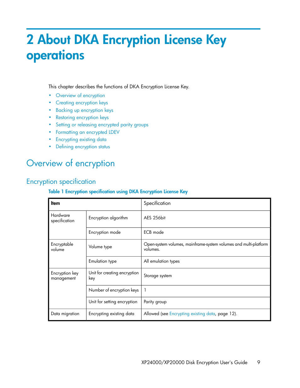 2 about dka encryption license key operations, Overview of encryption, Encryption specification | HP XP20000XP24000 Disk Array User Manual | Page 9 / 28