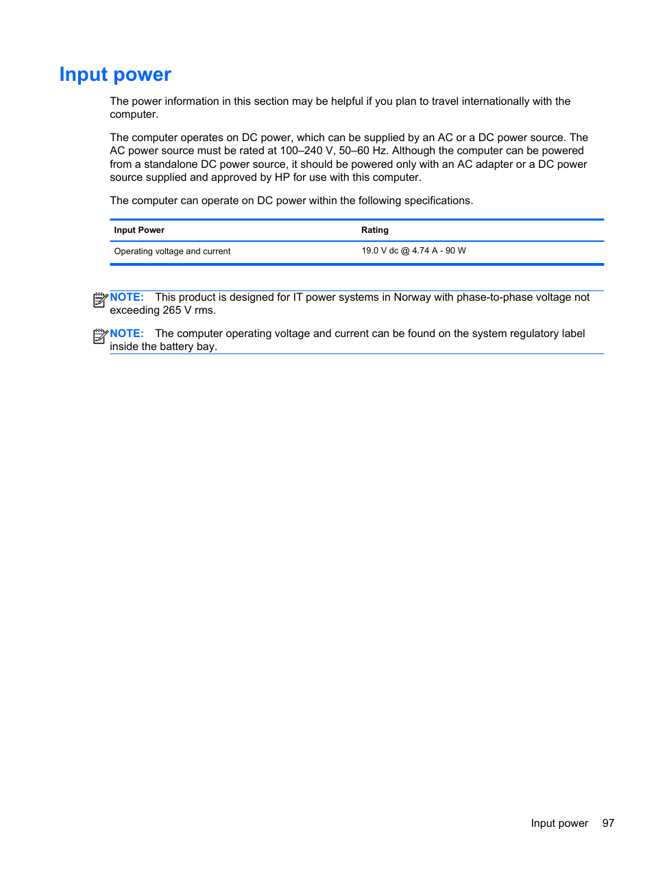 Input power | HP ProBook 6465b Notebook-PC User Manual | Page 107 / 114