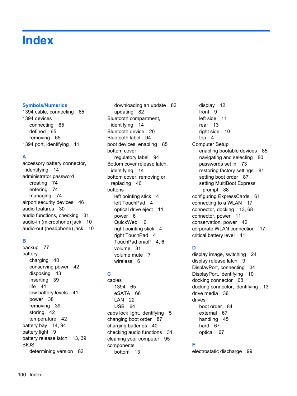 Index | HP ProBook 6465b Notebook-PC User Manual | Page 110 / 114