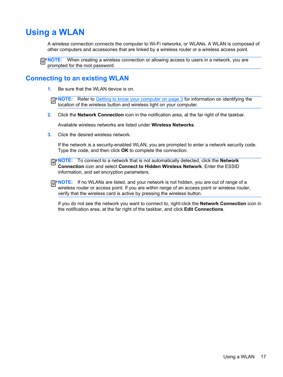 Using a wlan, Connecting to an existing wlan, Connecting | HP ProBook 6465b Notebook-PC User Manual | Page 27 / 114