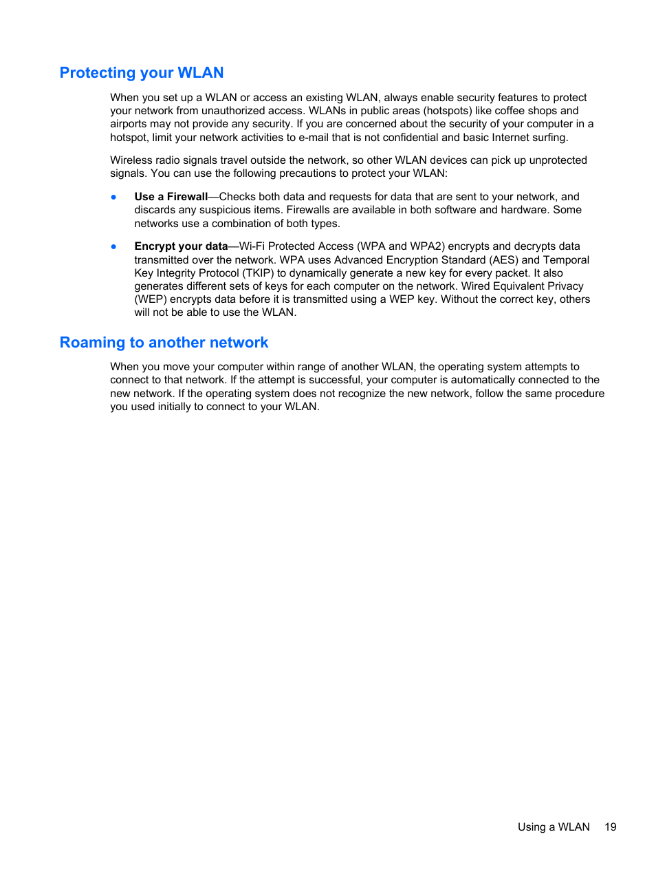 Protecting your wlan, Roaming to another network, Protecting your wlan roaming to another network | HP ProBook 6465b Notebook-PC User Manual | Page 29 / 114