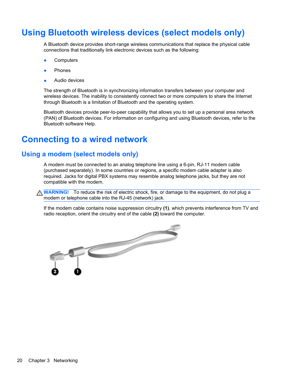 Connecting to a wired network, Using a modem (select models only), K, refer to | HP ProBook 6465b Notebook-PC User Manual | Page 30 / 114