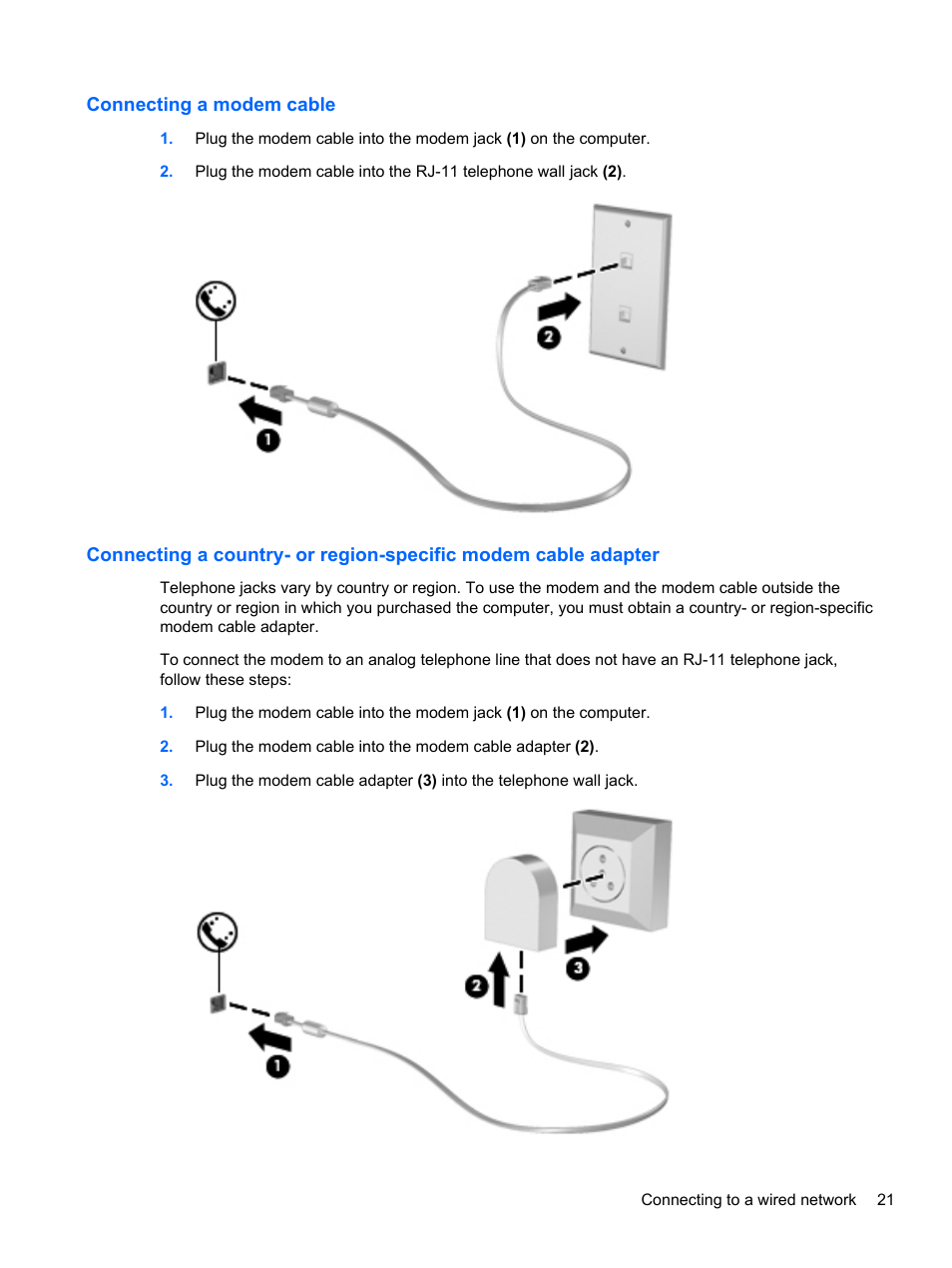 Connecting a modem cable | HP ProBook 6465b Notebook-PC User Manual | Page 31 / 114