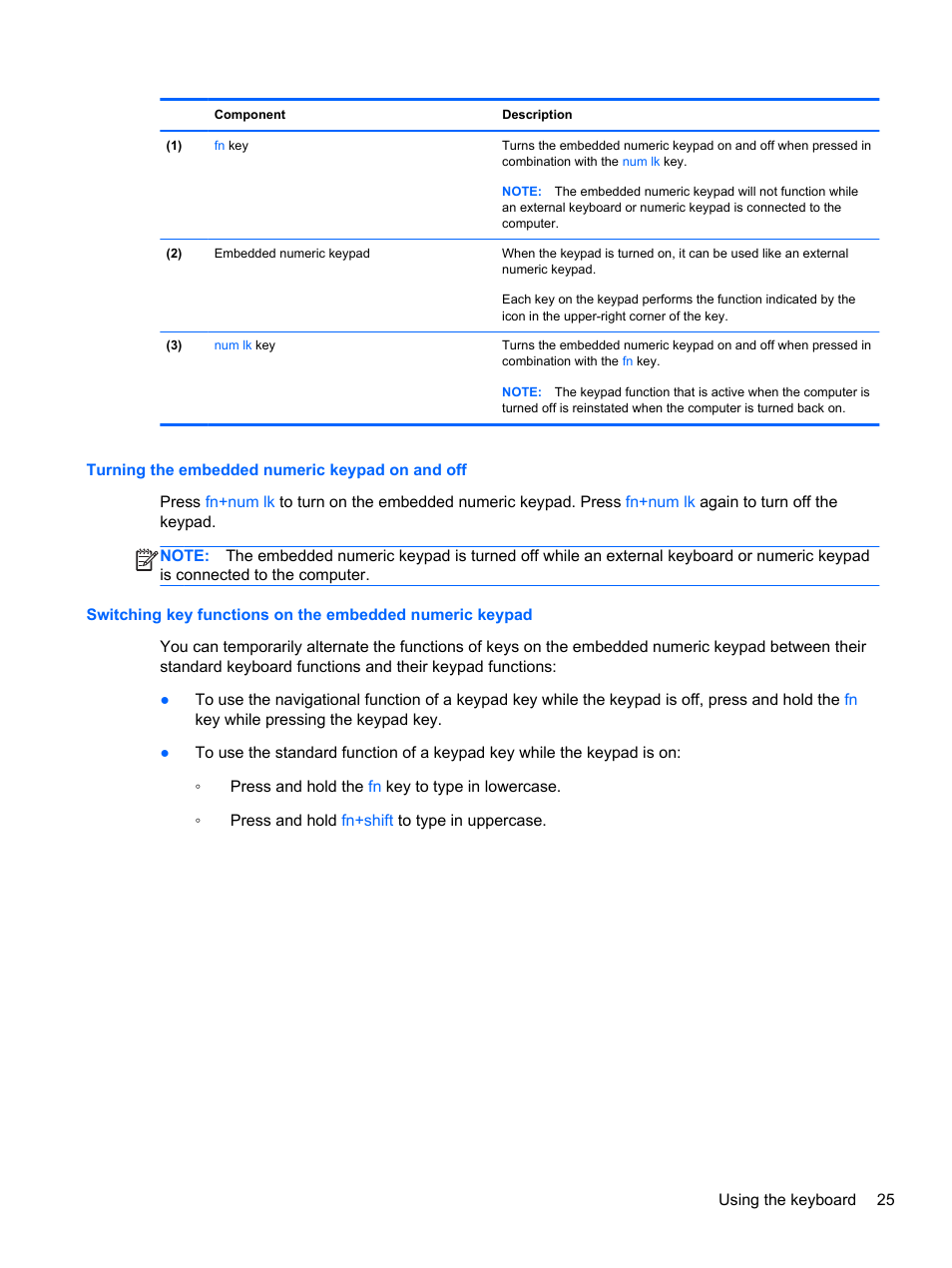 Turning the embedded numeric keypad on and off | HP ProBook 6465b Notebook-PC User Manual | Page 35 / 114