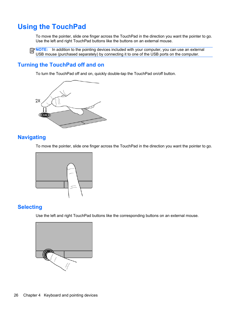 Using the touchpad, Turning the touchpad off and on, Navigating | Selecting | HP ProBook 6465b Notebook-PC User Manual | Page 36 / 114