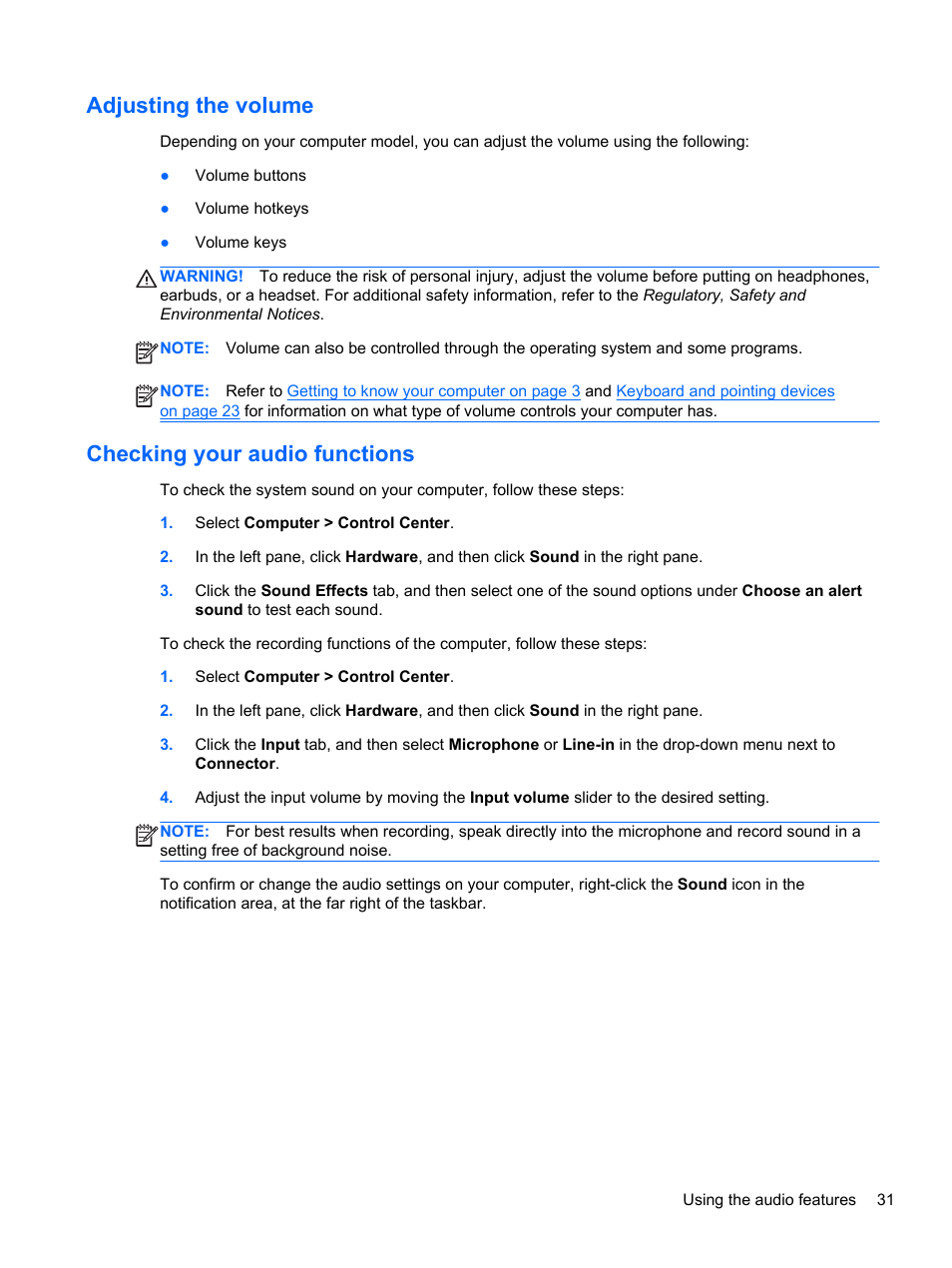 Adjusting the volume, Checking your audio functions, Adjusting the volume checking your audio functions | HP ProBook 6465b Notebook-PC User Manual | Page 41 / 114