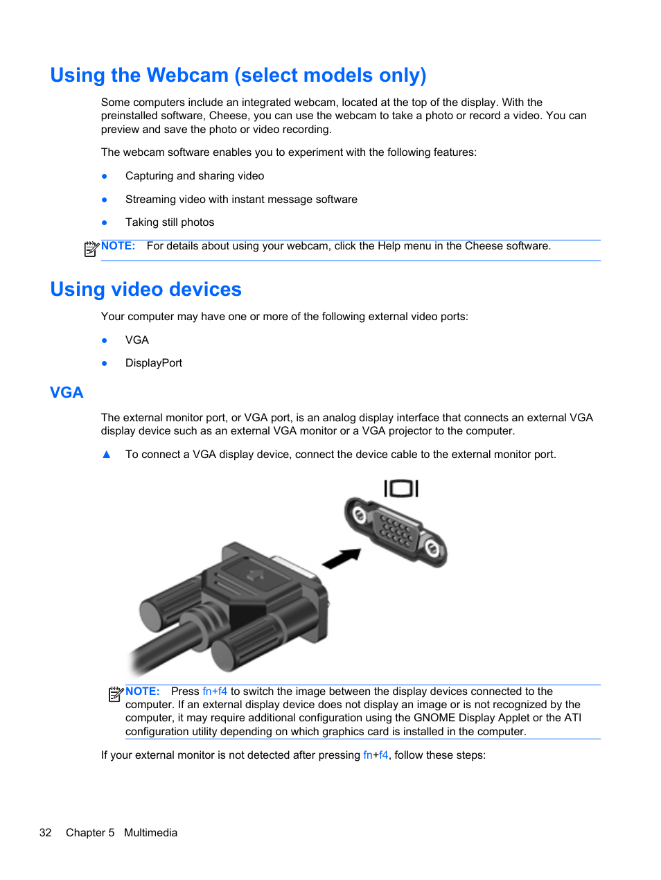 Using the webcam (select models only), Using video devices | HP ProBook 6465b Notebook-PC User Manual | Page 42 / 114