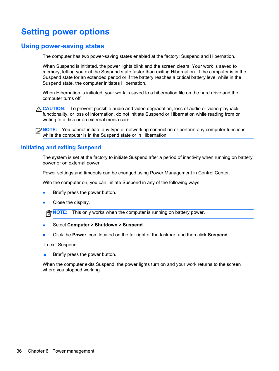 Setting power options, Using power-saving states, Initiating and exiting suspend | HP ProBook 6465b Notebook-PC User Manual | Page 46 / 114