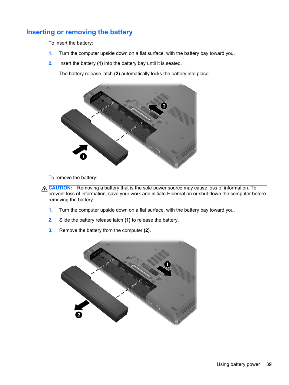 Inserting or removing the battery | HP ProBook 6465b Notebook-PC User Manual | Page 49 / 114