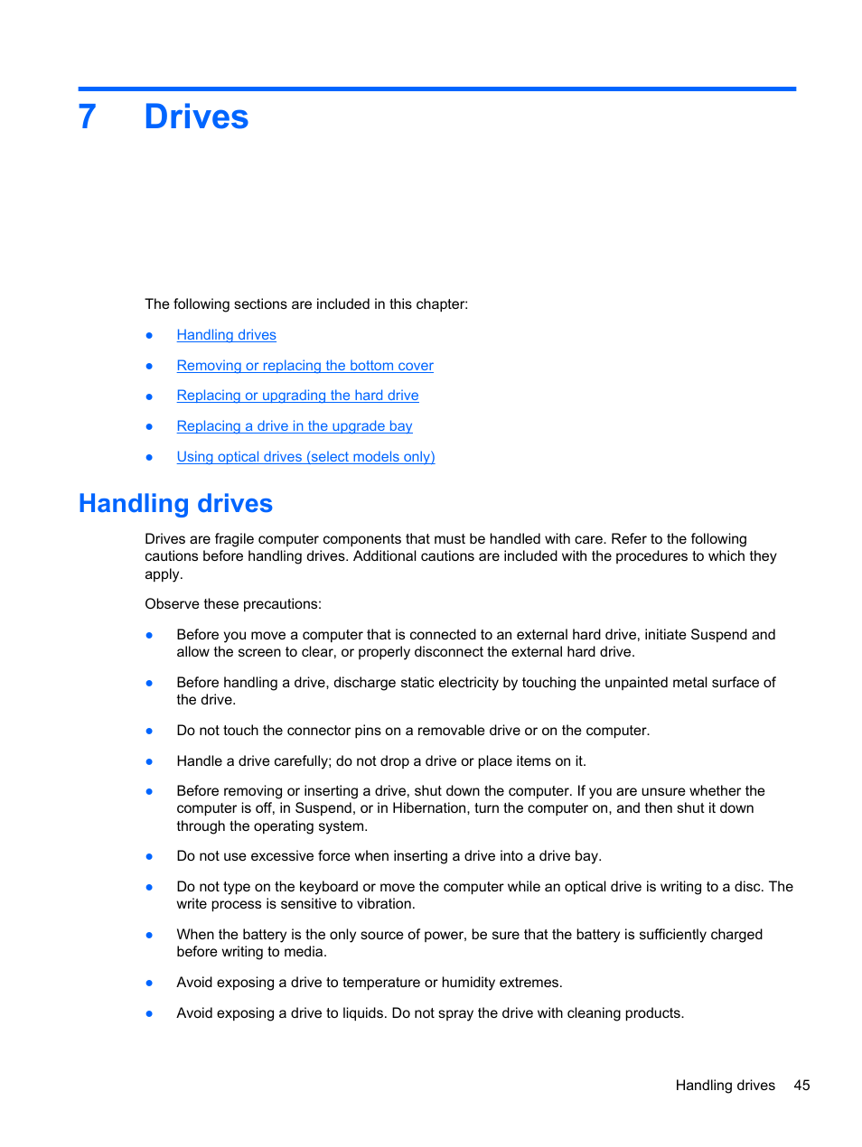 Drives, Handling drives, 7 drives | 7drives | HP ProBook 6465b Notebook-PC User Manual | Page 55 / 114