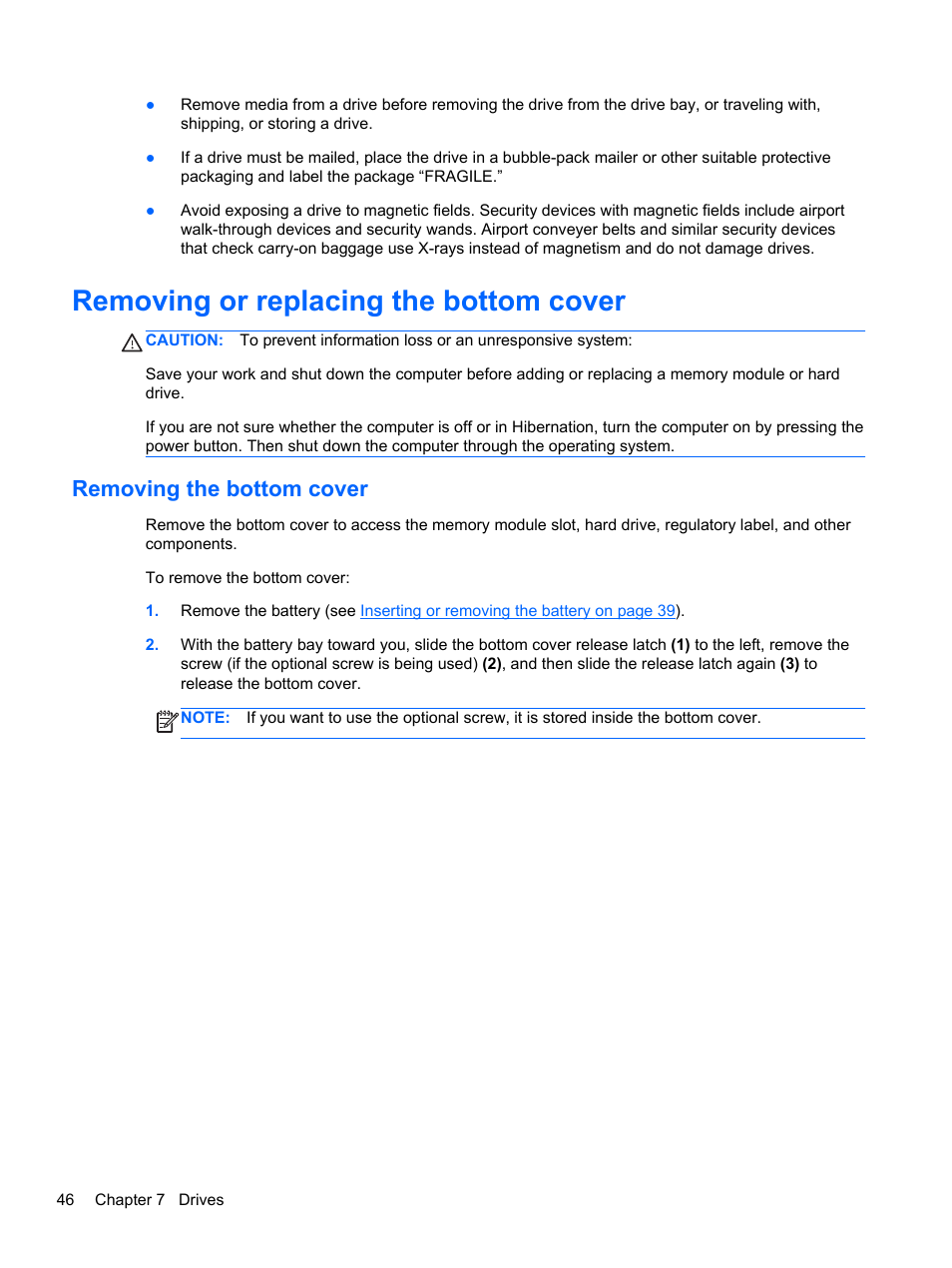 Removing or replacing the bottom cover, Removing the bottom cover | HP ProBook 6465b Notebook-PC User Manual | Page 56 / 114