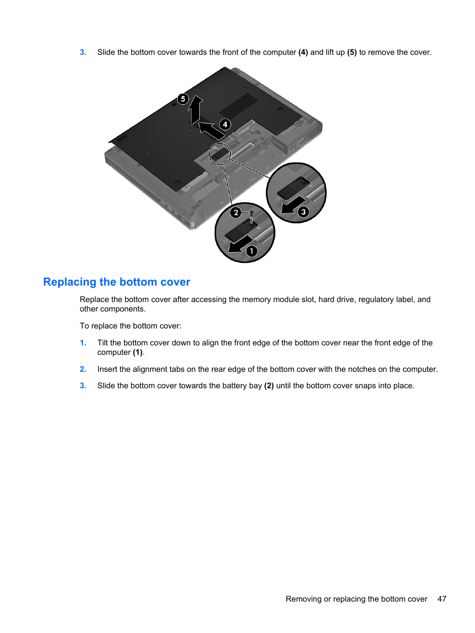 Replacing the bottom cover | HP ProBook 6465b Notebook-PC User Manual | Page 57 / 114