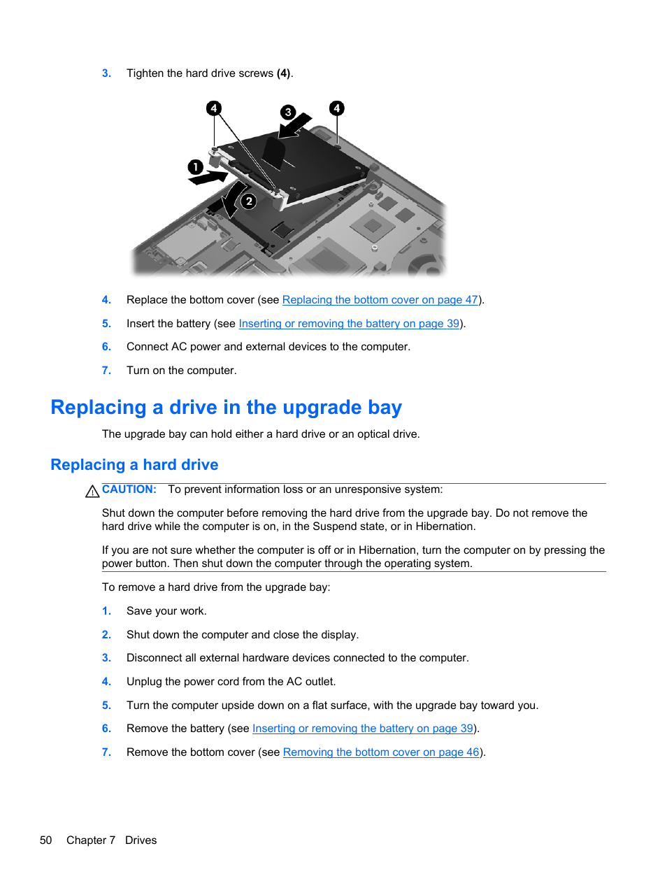 Replacing a drive in the upgrade bay, Replacing a hard drive | HP ProBook 6465b Notebook-PC User Manual | Page 60 / 114
