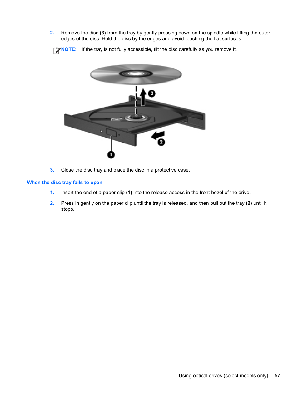 When the disc tray fails to open | HP ProBook 6465b Notebook-PC User Manual | Page 67 / 114