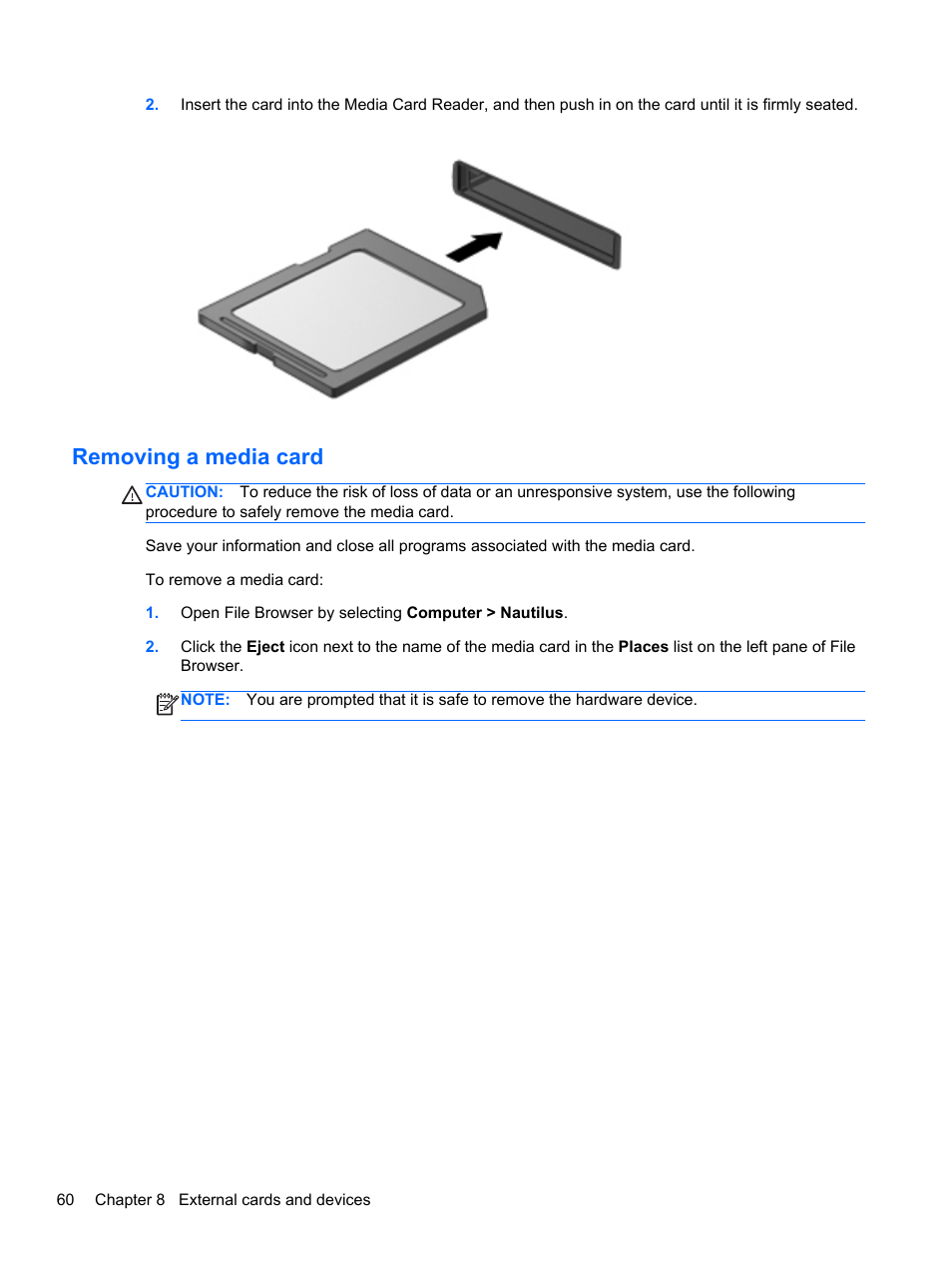 Removing a media card | HP ProBook 6465b Notebook-PC User Manual | Page 70 / 114