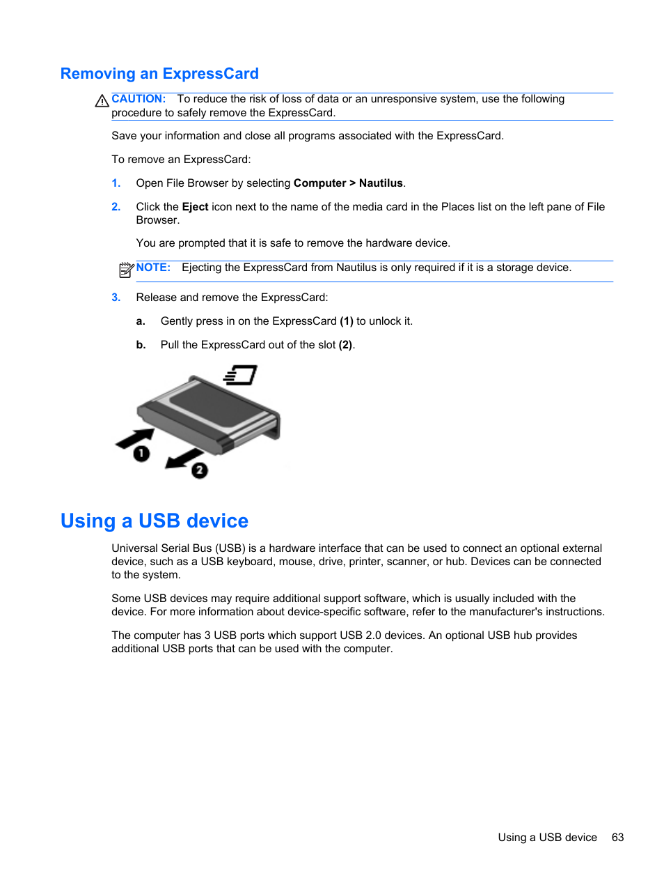 Removing an expresscard, Using a usb device | HP ProBook 6465b Notebook-PC User Manual | Page 73 / 114