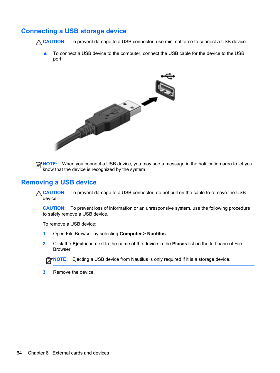 Connecting a usb storage device, Removing a usb device | HP ProBook 6465b Notebook-PC User Manual | Page 74 / 114