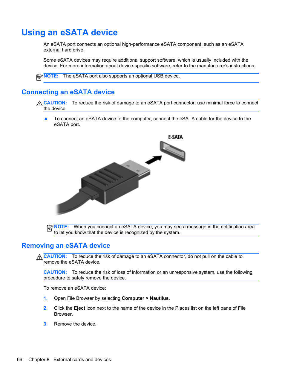 Using an esata device, Connecting an esata device, Removing an esata device | HP ProBook 6465b Notebook-PC User Manual | Page 76 / 114