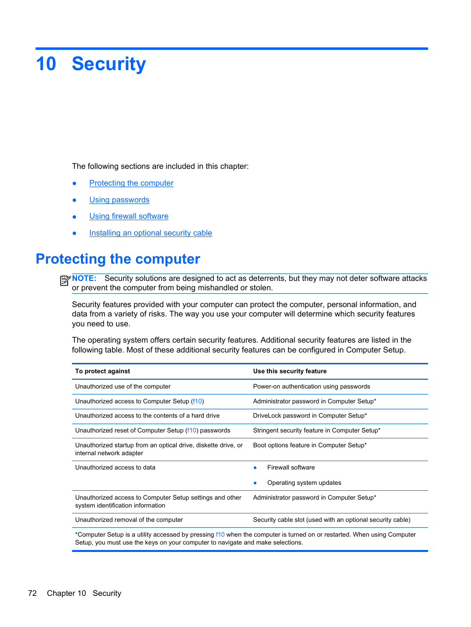 Security, Protecting the computer, 10 security | HP ProBook 6465b Notebook-PC User Manual | Page 82 / 114