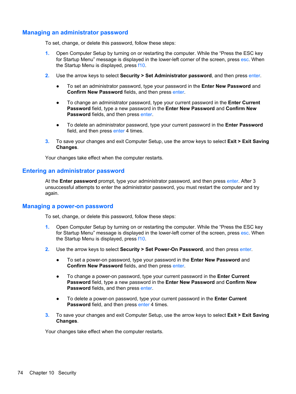 Managing an administrator password, Entering an administrator password, Managing a power-on password | HP ProBook 6465b Notebook-PC User Manual | Page 84 / 114