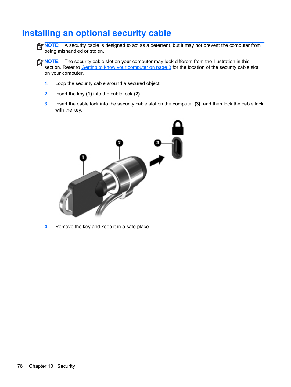 Installing an optional security cable | HP ProBook 6465b Notebook-PC User Manual | Page 86 / 114