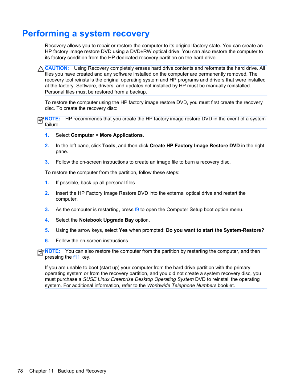 Performing a system recovery | HP ProBook 6465b Notebook-PC User Manual | Page 88 / 114