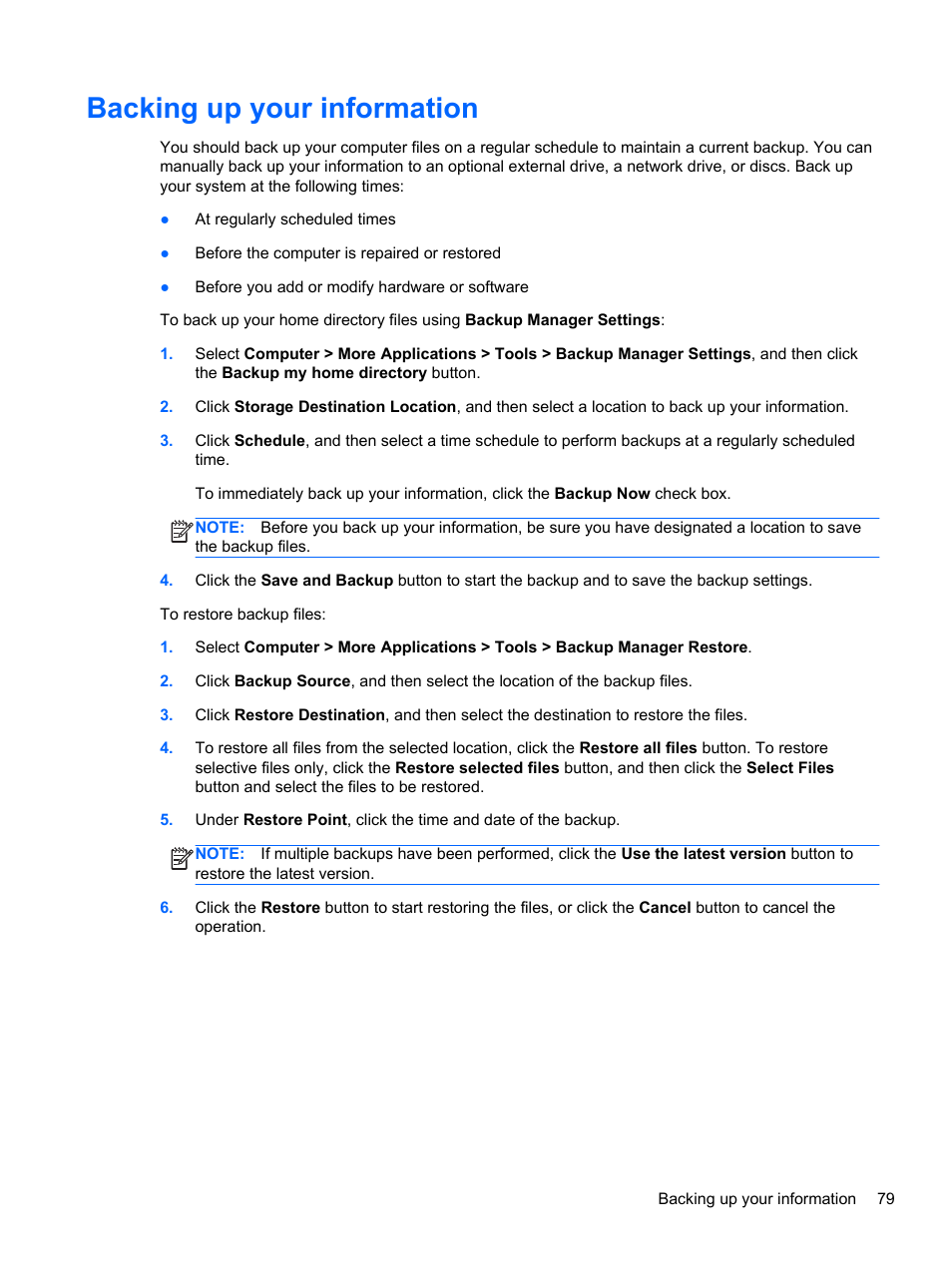 Backing up your information | HP ProBook 6465b Notebook-PC User Manual | Page 89 / 114