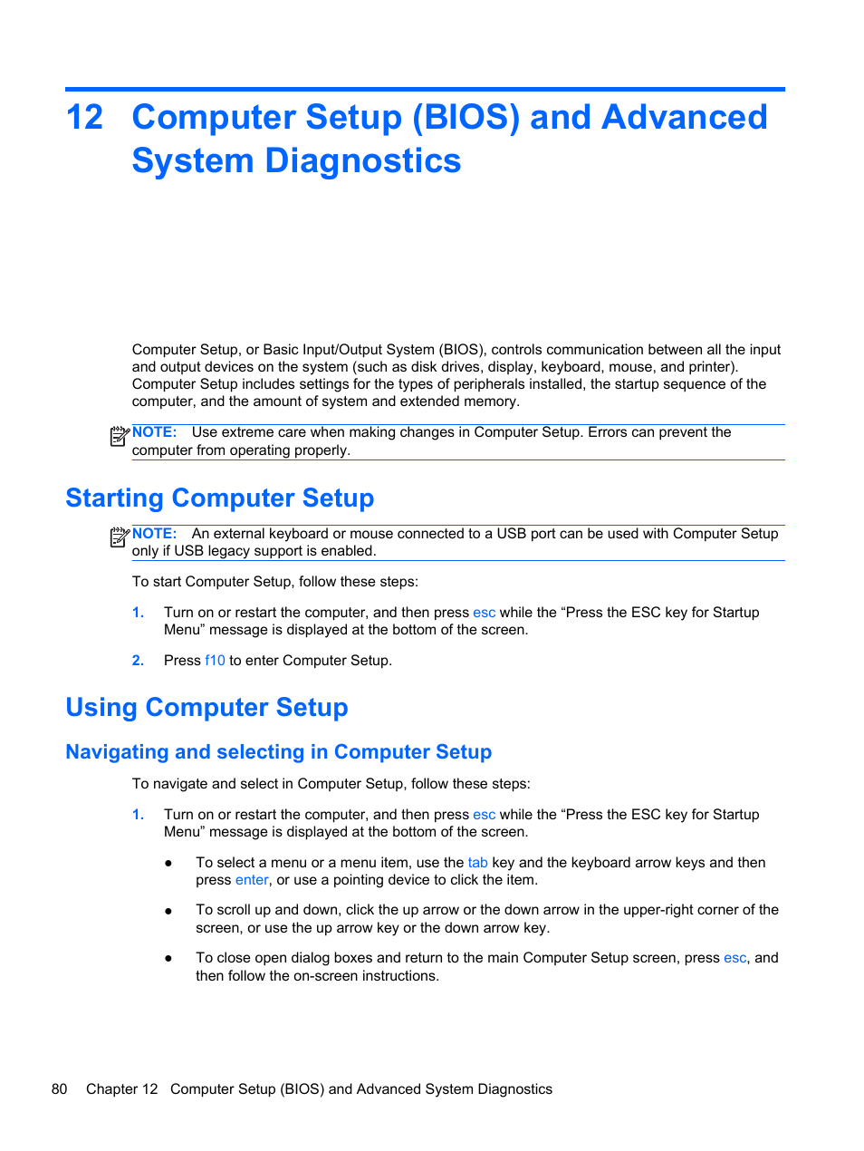 Starting computer setup, Using computer setup, Navigating and selecting in computer setup | Starting computer setup using computer setup | HP ProBook 6465b Notebook-PC User Manual | Page 90 / 114