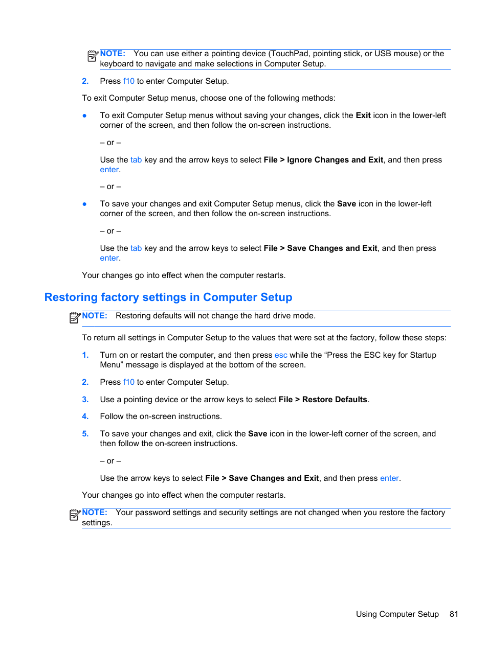 Restoring factory settings in computer setup | HP ProBook 6465b Notebook-PC User Manual | Page 91 / 114